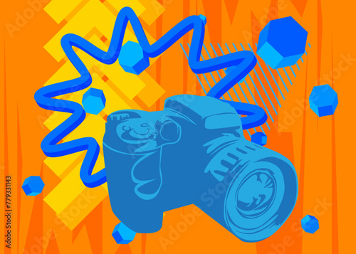 Blue and Yellow Camera, Photographic Equipment with geometrical graphic retro theme background. Minimal geometric elements. Vintage abstract shapes vector illustration.