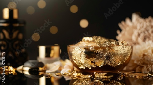 Face mask product adorned with luxurious gold leaf, set in a scene of opulent wellness low noise