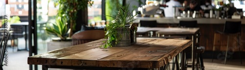 A reclaimed wood table in an ecofriendly space, highlighting sustainability for product placement low noise