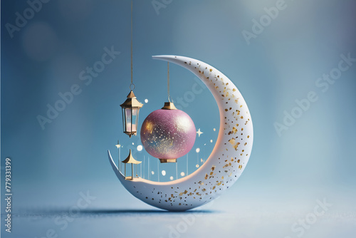 3d illustration of a crescent moon with golden moon and stars ornament. Islamic greeting eid mubarak card design with lantern, crescent moon and mosque beautiful background. AI generated