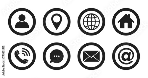 Name, address, location, phone number messenger, postal address, email symbols. Contact us outline icons set.