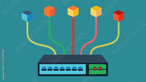A closeup of a network switch with multiple colored cords plugged in to show the various connections and redundancies in place for security in a