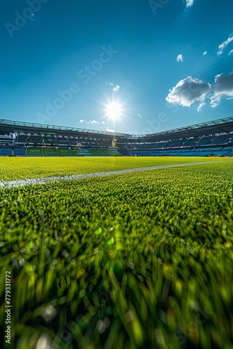 Blue-hued product stand, vast stadium setting, serene sky