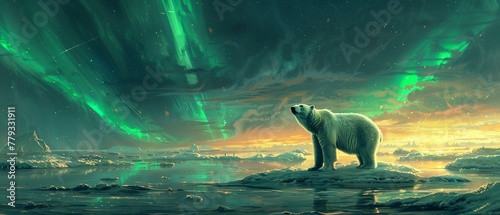 Aurora skies, polar bear gaze, Arctic night © Seksan