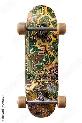 A skateboard with a computer circuit board printed on it