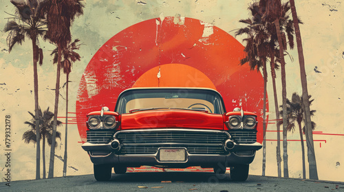 A red vintage car on the background of an abstract sun. photo