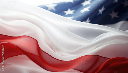 USA flag background. Waving American flag in sunlight flare, close up