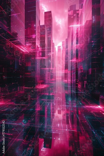 Abstract digital, pixelated magenta, techno grid, cyberpunk style