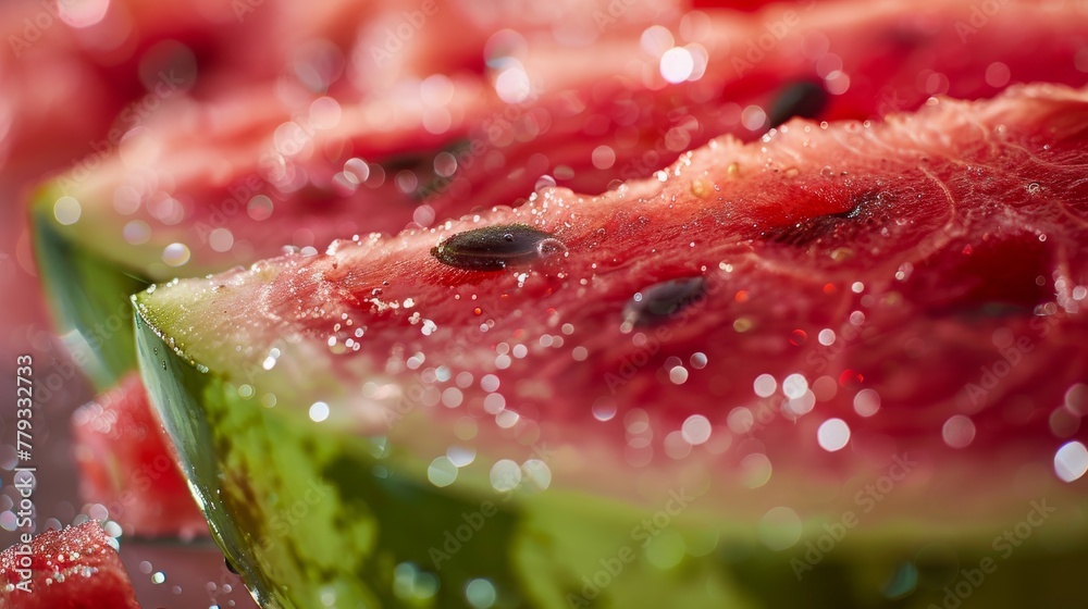 A close-up shot of a refreshing watermelon wedge. The juicy red flesh glistens with moisture, with a few black seeds scattered throughout. A close-up shot of a refreshing watermelon wedge. The juicy red flesh glistens with moisture, with a few black seeds scattered throughout.