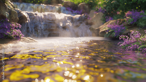 a fantasy waterfall landscape with a light purple and gold from the sunrays glimmering. vibrant floral trees calm and peaceful, y2k, background. photo