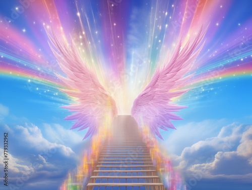 ladder to freedom with a pair of wings and rainbow,Oneness Awakening Enlightment photo