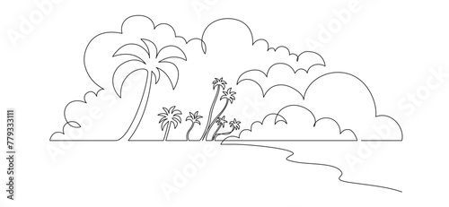 One continuous line drawing of beach with palm tree. Abstract tropical landscape with sea and clouds in simple linear style. Travel vacation in editable stroke. Doodle contour vector illustration