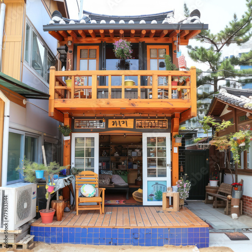 Tiny two floor timber frame house with single front doors and terrace with south korean theme design