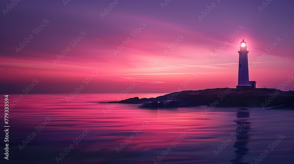 Beautiful lighthouse on the sea, calm water, pink sky, sunset. For Design, Background, Cover, Poster, Banner, PPT, KV design, Wallpaper