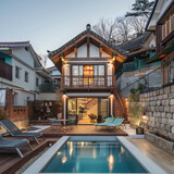 Tiny two floor timber frame house with single front doors and terrace with south korean theme design