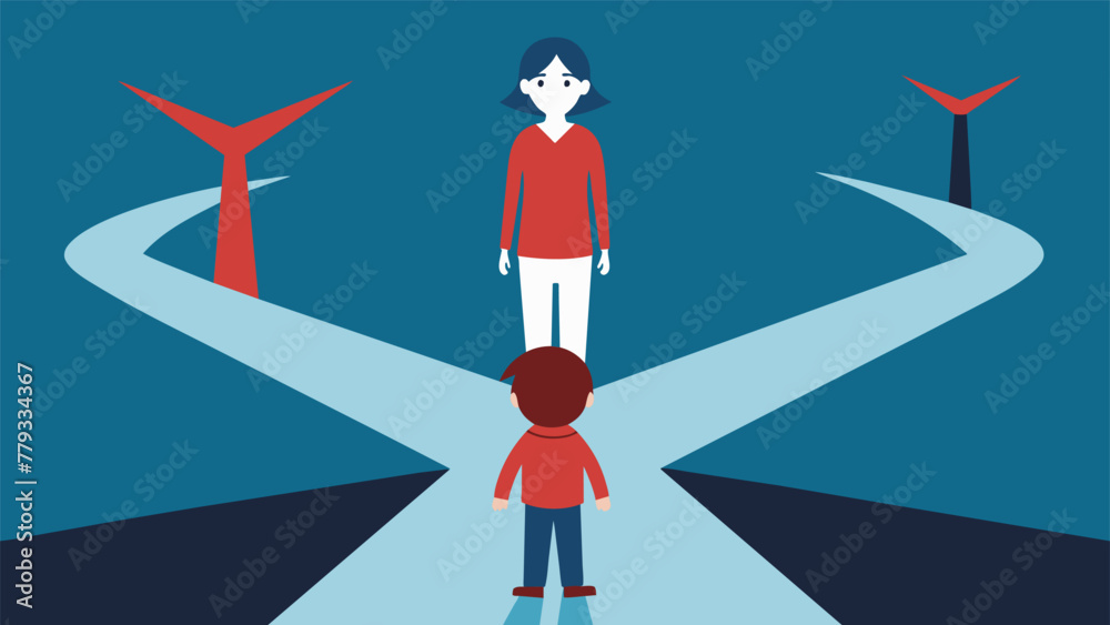 A drawing of a child looking at two separate paths one leading to their mother and one to their father symbolizing the pressure a child may A drawing of a child looking at two separate paths one leading to their mother and one to their father symbolizing the pressure a child may