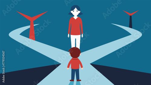 A drawing of a child looking at two separate paths one leading to their mother and one to their father symbolizing the pressure a child may