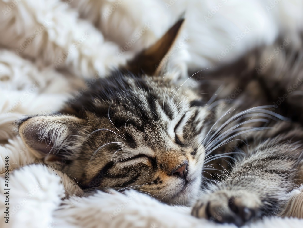 The soft fur of a sleeping kitten with a focus on the whiskers and peaceful expression