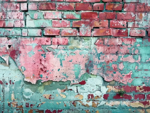 The rough texture of a brick wall with peeling paint and graffiti