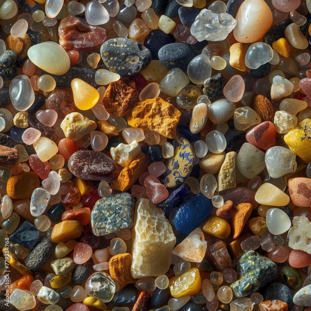 A macro photograph of grains of sand showcasing the variety of colors and shapes found in a single handful A macro photograph of grains of sand showcasing the variety of colors and shapes found in a single handful
