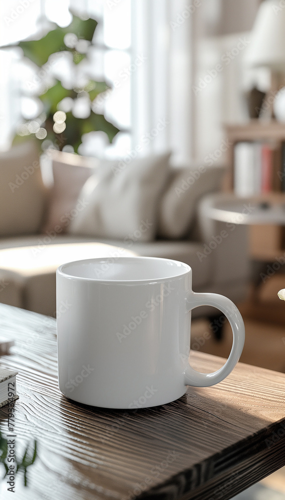 white mug mockup in living room setting. neutral farmhouse aesthetic