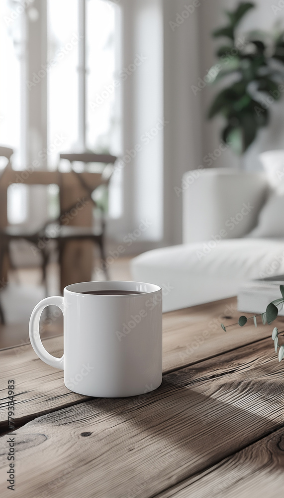 white mug mockup in living room setting. neutral farmhouse aesthetic