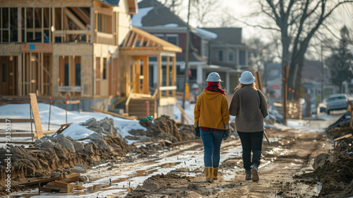 Two construction workers in hard hats walk through a muddy residential construction site, evaluating the building progress.