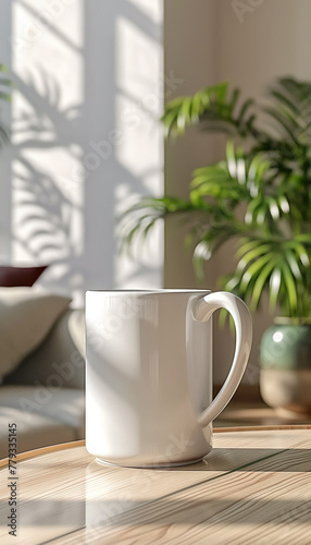 white mug mockup in living room setting. neutral farmhouse aesthetic © Michael