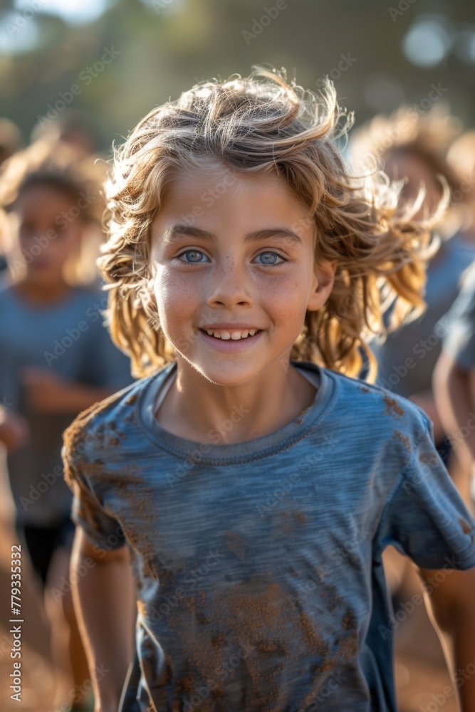 A young boy smiling, curly hair, freckles, sunny day, outdoor activity, joy and playfulness, natural light, blurred background. A young boy smiling, curly hair, freckles, sunny day, outdoor activity, joy and playfulness, natural light, blurred background.