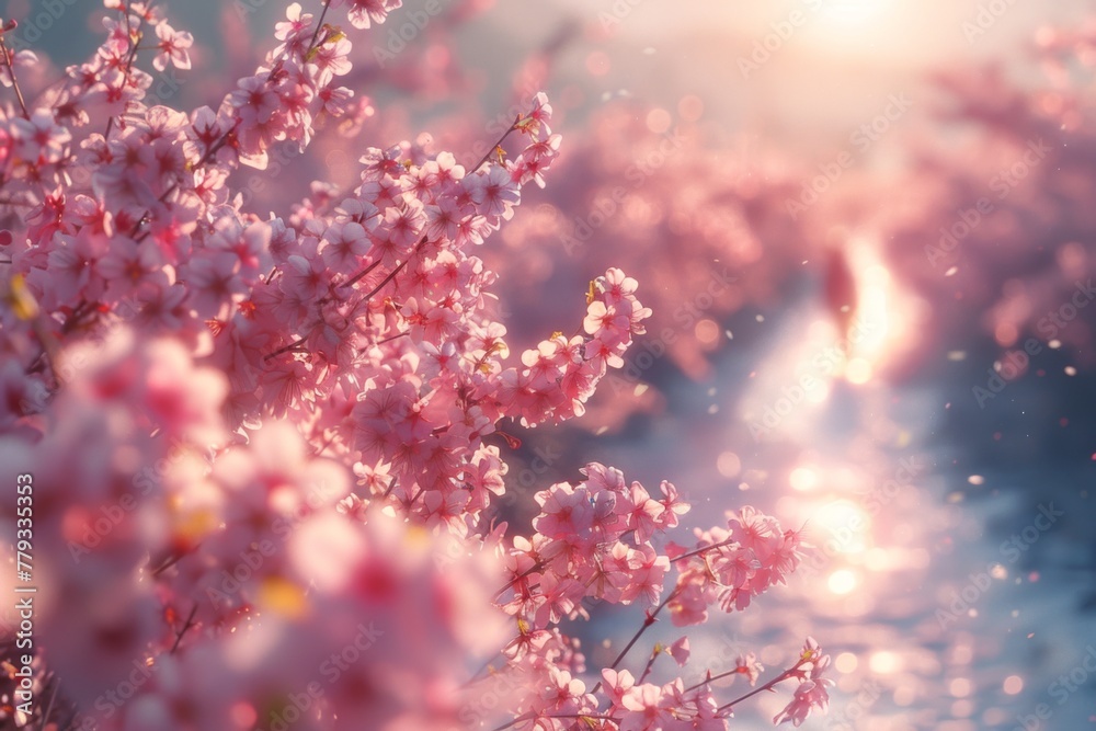 Cherry blossoms in bloom, soft pink petals, sunlight through trees, dreamy bokeh, springtime beauty, serene nature scene, tranquil.
