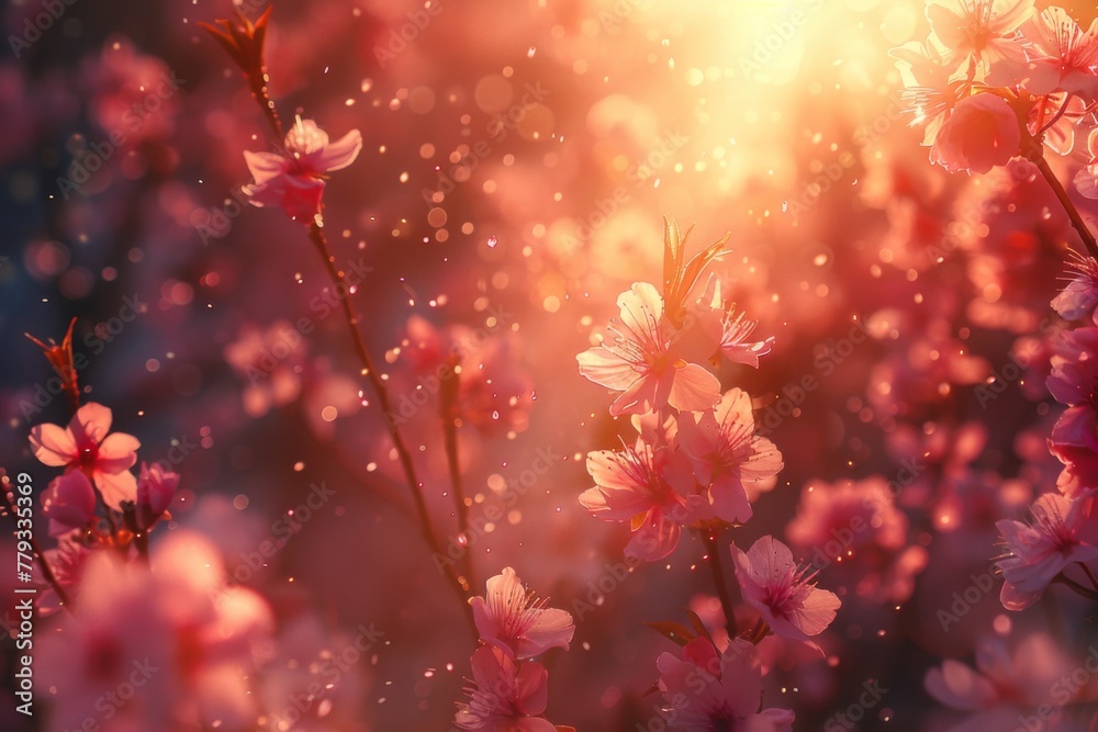 Cherry blossoms at sunrise, golden sunlight, warm tones, romantic spring atmosphere, beautiful flora, vibrant and enchanting.