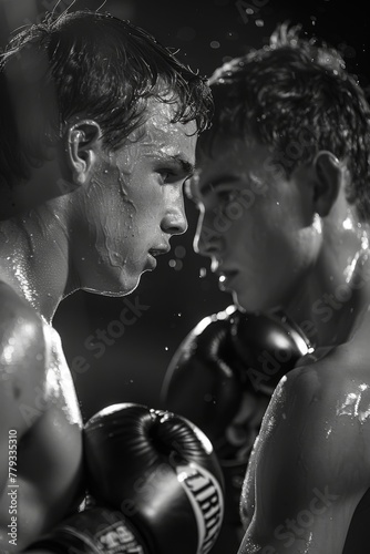 Two young boxers, intense focus, sweat and water droplets, dramatic lighting, high contrast, monochrome, sports, determination, close-up. © Good AI