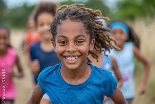 Cheerful girl running, curly hair, bright smile, outdoor activity, group of children, dynamic movement, joyful, nature backdrop.