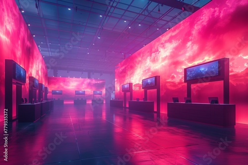 Futuristic event space with glowing pink neon lights, digital art displays, modern exhibition, spacious interior, reflective floor.