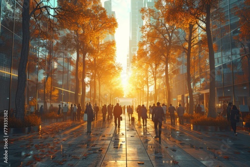 Sunset in the city, golden autumn, busy street, silhouettes of people, modern architecture, reflections, urban landscape, warmth.
