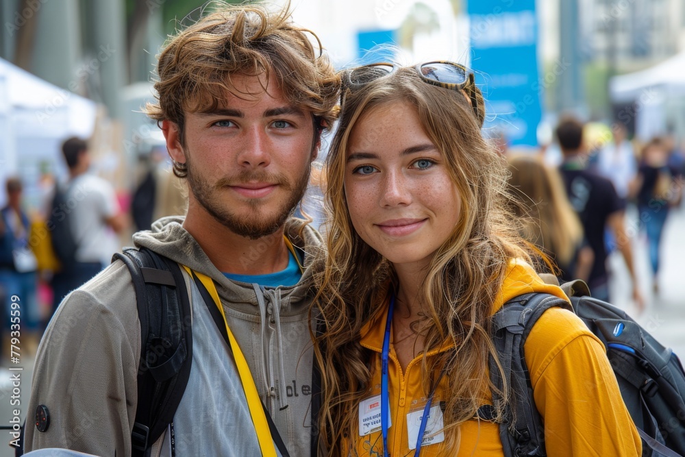 Two young tech enthusiasts wearing lanyards and backpacks beam with anticipation at a bustling conference.