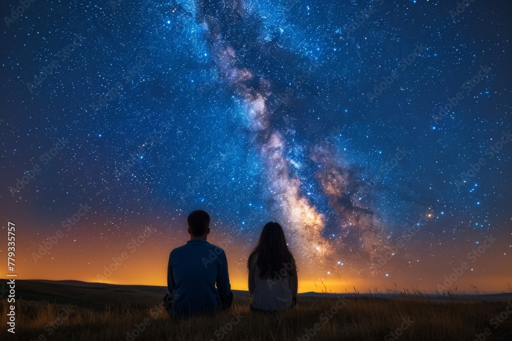 A couple is captivated by the stunning Milky Way arching across the night sky, a display of celestial beauty.