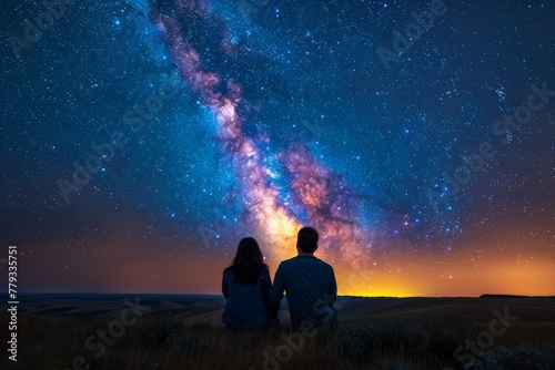 A couple is captivated by the stunning Milky Way arching across the night sky  a display of celestial beauty.