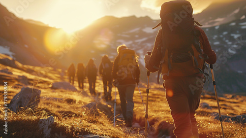 Group tourists of hiker sporty people walks in mountains at sunset with backpacks. Concept adventure with copy space