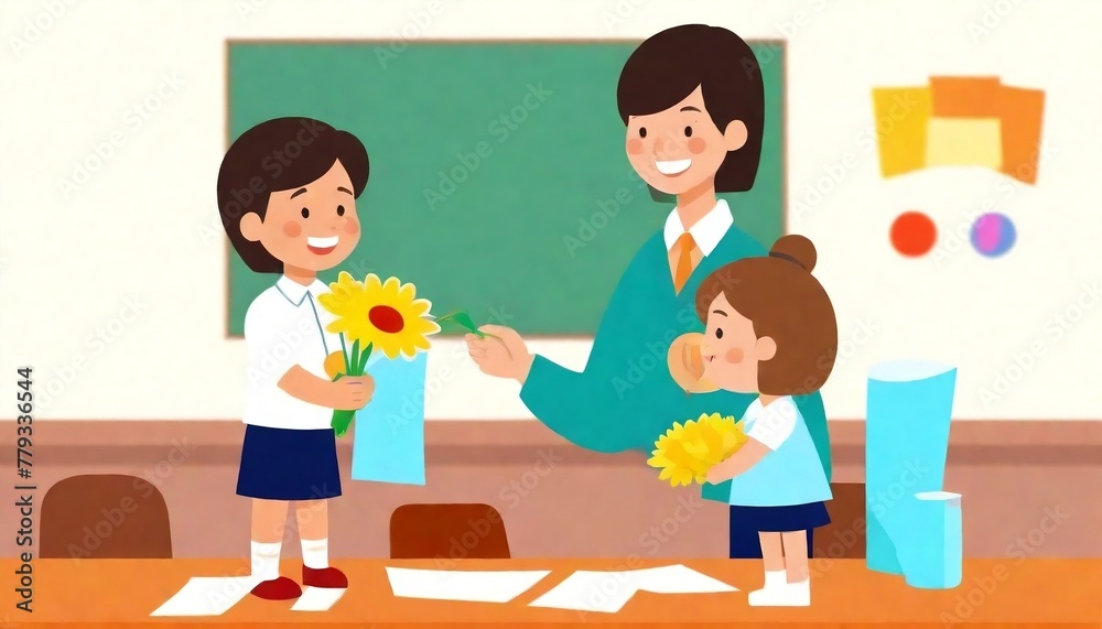 Kid student giving a flower to her teacher flat illustration for Happy Teacher's Day background poster concept graphic design created with generative ai Kid student giving a flower to her teacher flat illustration for Happy Teacher's Day background poster concept graphic design created with generative ai