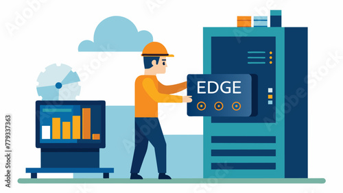 A technician installing a new edge computing node onto a large machine in a factory. The compact and lightweight design of the node allows for