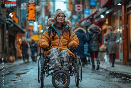 A model with a visible disability, wearing a stylish outfit that is both fashionable and functional photo