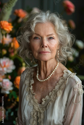 An older woman, wearing a vintage dress and pearls, posing with grace and elegance