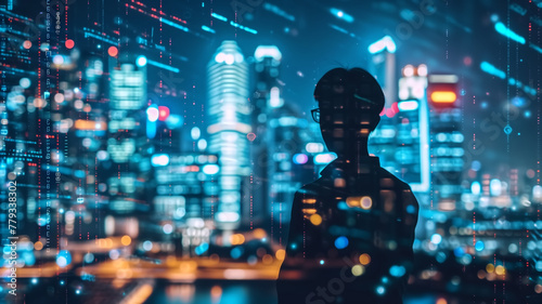 Silhouette of a man against a backdrop of a digital data cityscape. Conceptual image representing the interconnectedness of humans and technology. © nextzimost