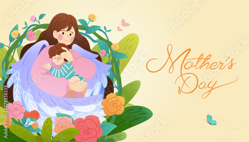 Enchanting Mothers Day card. Mom with angel wings hugging her son on beige background.