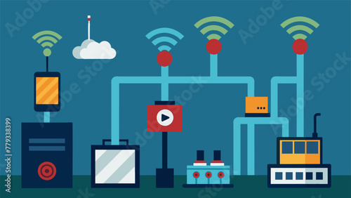 An array of small wireless devices attached to various parts of a factorys assembly line providing live updates on equipment health and maintenance