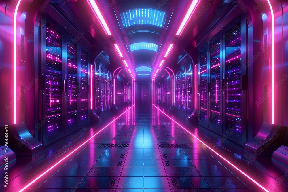 Futuristic server room, neon lights, digital data streams flowing, abstract background ,ultra HD,clean sharp,high resulution