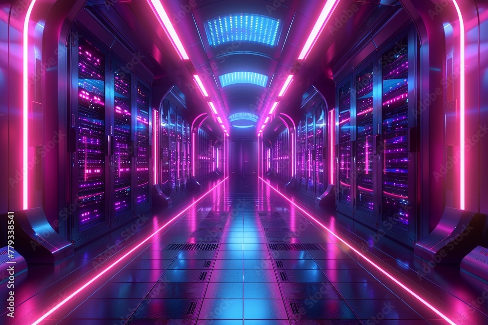 Obraz premium Futuristic server room, neon lights, digital data streams flowing, abstract background ,ultra HD,clean sharp,high resulution