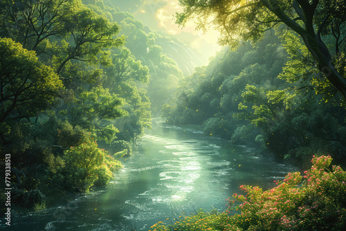 A panoramic view of a forest, with a river running through it