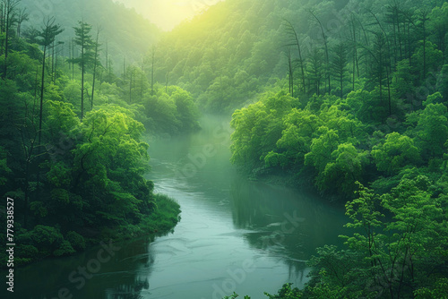 A panoramic view of a forest, with a river running through it